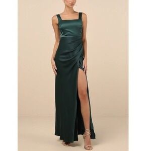 Lulus Emerald Green Satin‎ Ruched Square Neck Maxi Dress Bridesmaid Formal S